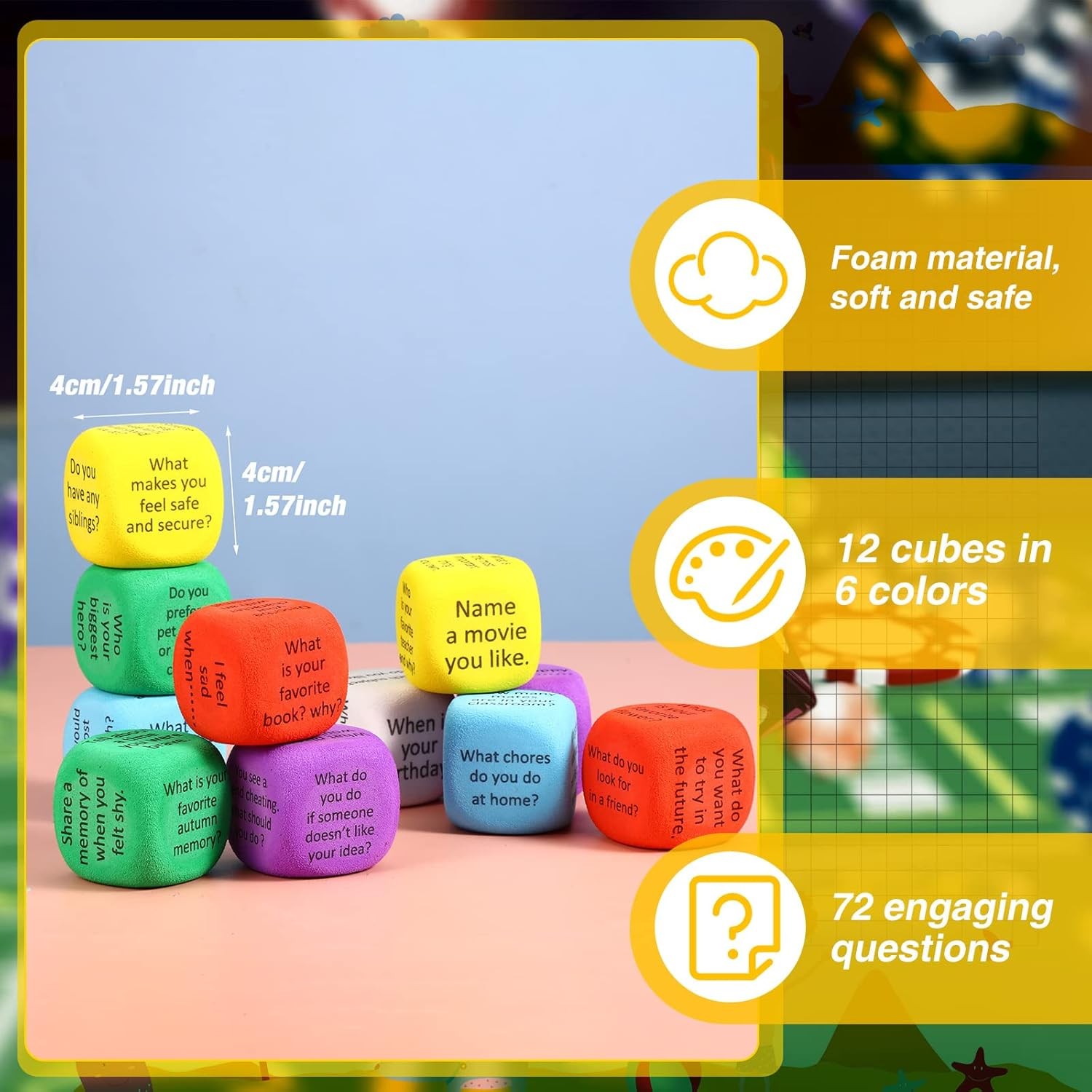 12 Pcs Conversation Cubes for SEL – Foam Dice with 72 Questions – Classroom Toy
