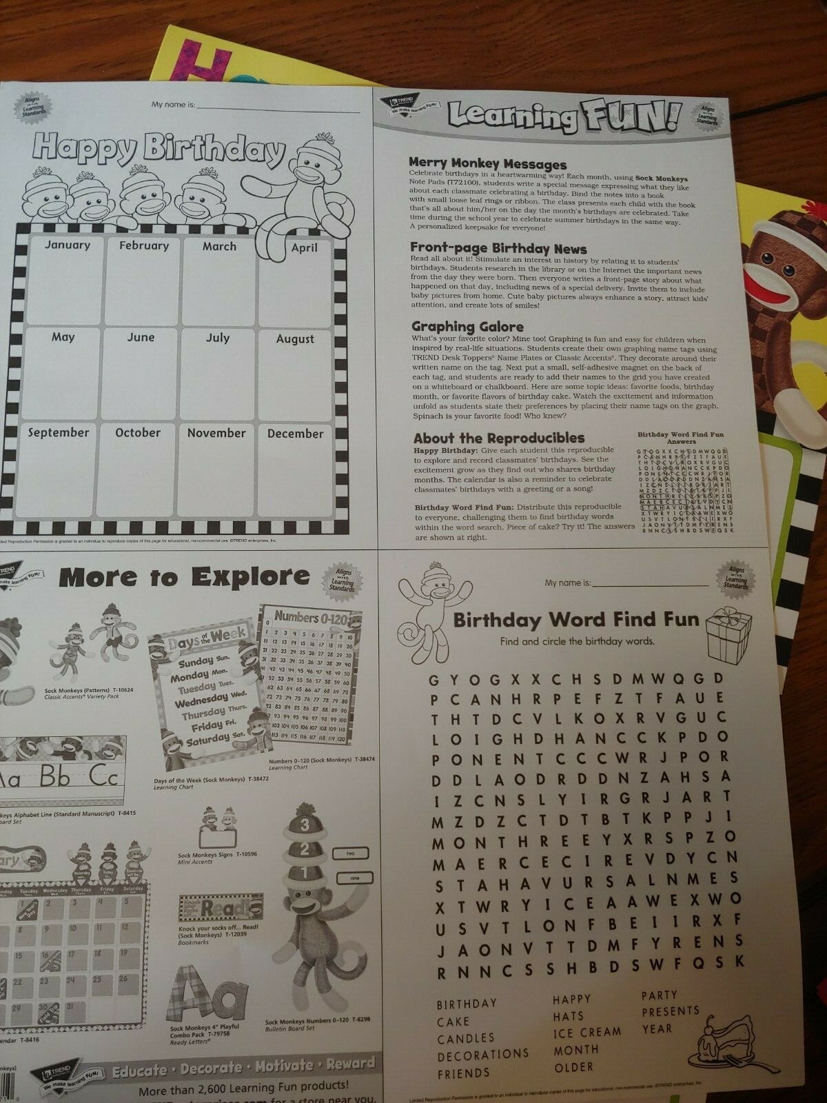 School Supplies: Classroom Poster – Celebrate Birthdays/Months ~ Games on Back