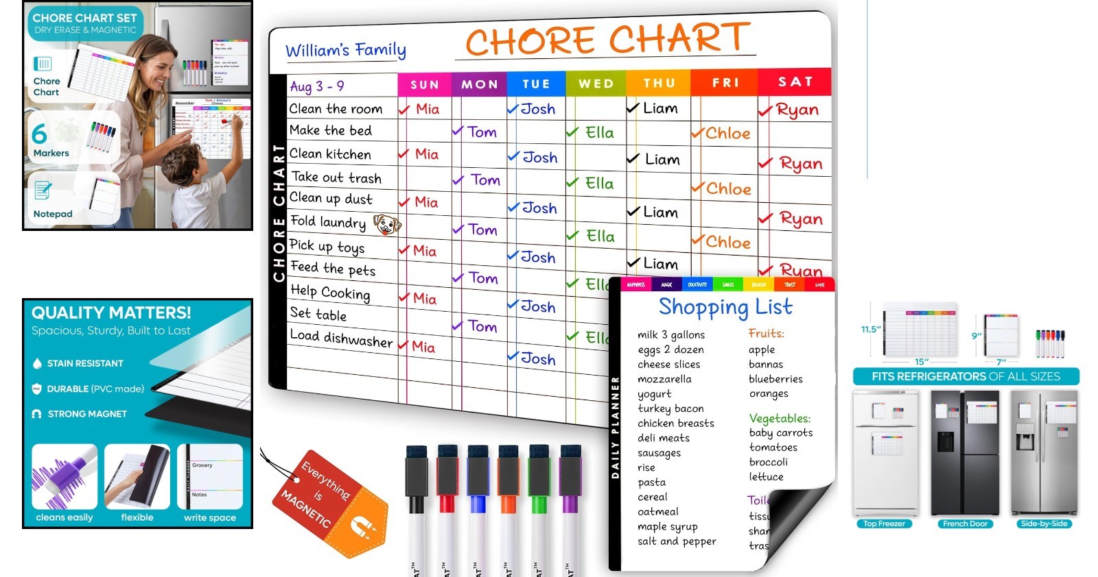 All-in-One Magnetic Chore & Meal Planner Charts – Multi-User Dry Erase Set