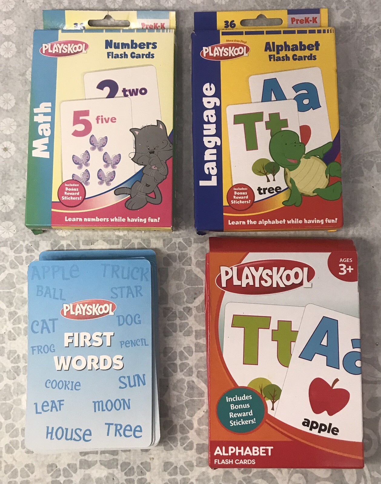 Playskool Flash Cards 4 Sets of Flash Cards Math Alphabet (PreK-K & 3+) Words