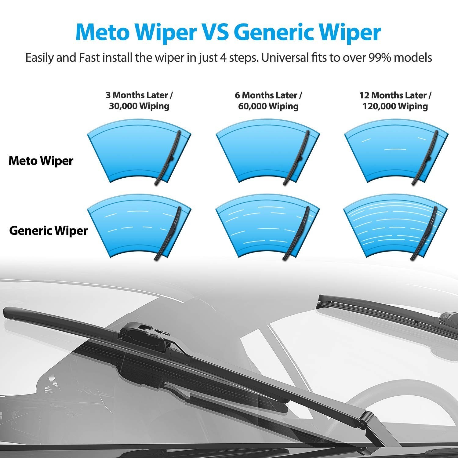METO T6 Silicone Windshield Wiper Blades, 26 and 16 inches (set of 2)