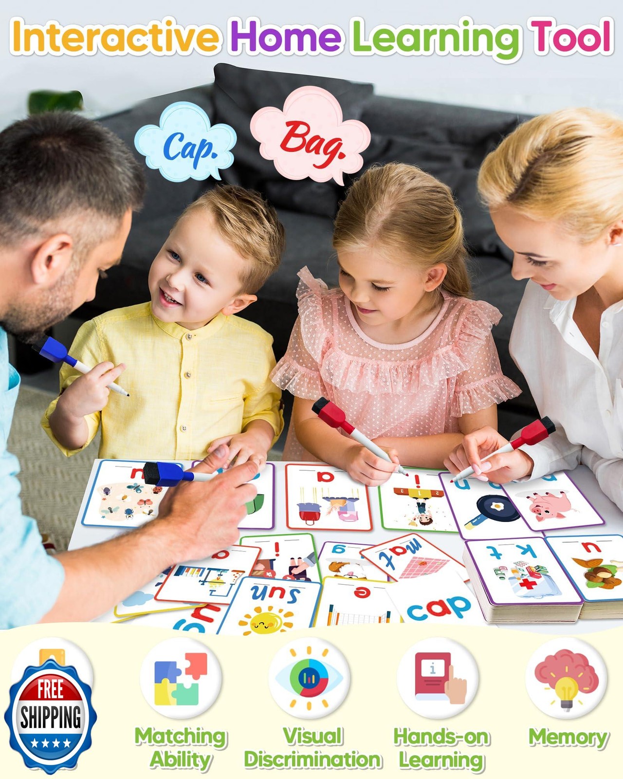 Gojmzo CVC Word Writing and Spelling Flash Cards, Preschool Learn