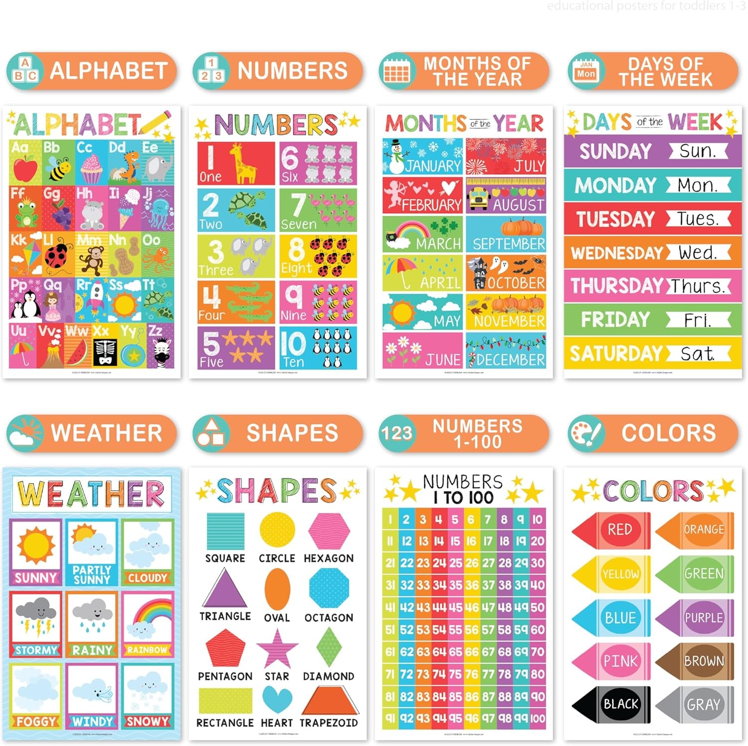 16 Educational Posters Toddler Learning Activities Laminated Pre-K Posters