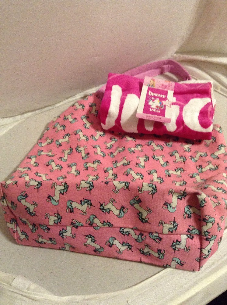 Unicorn Cotton Beach Towel (28X58) and Denim Pink Shoulder Bag w/Snap (13X17.5)