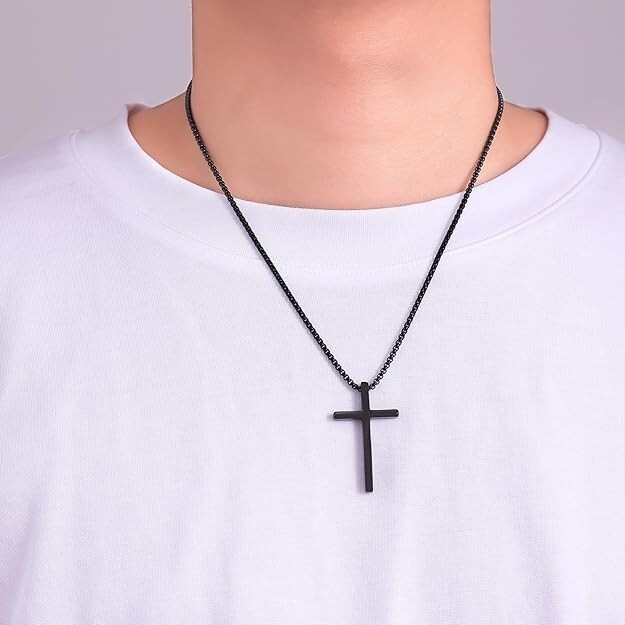 Cross Necklace for Men, Silver/Gold/Black Mens Cross Necklaces with 2.5mm