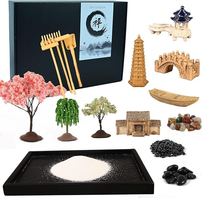 Mini kit de jardín Zen: jardín Zen mejorado de 10″ x 7″ para escritorio con 18.