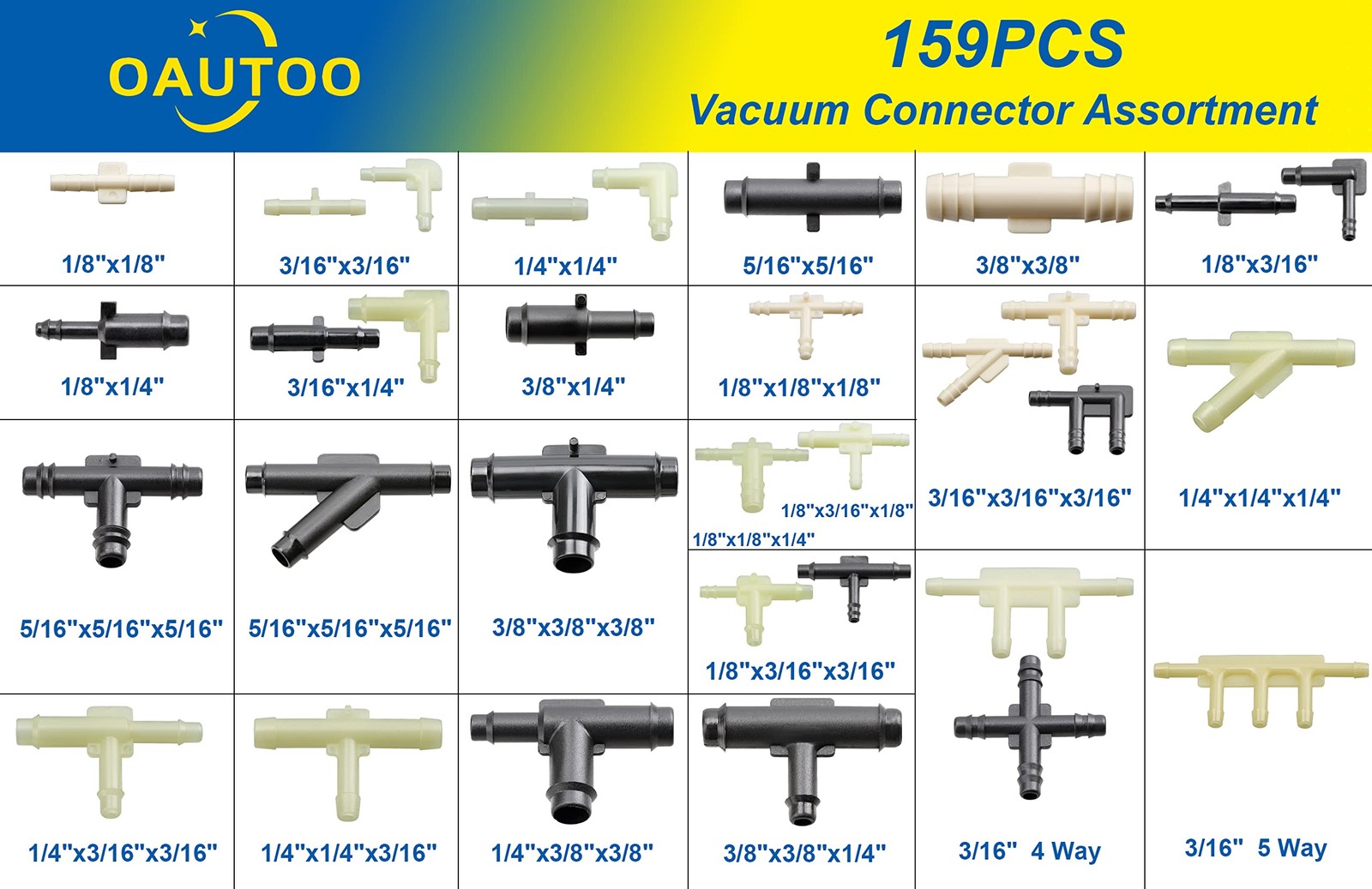 Automotive Vacuum Tubing Connector Assortment Kit 32 Sizes, 1/8″ to 3/8″
