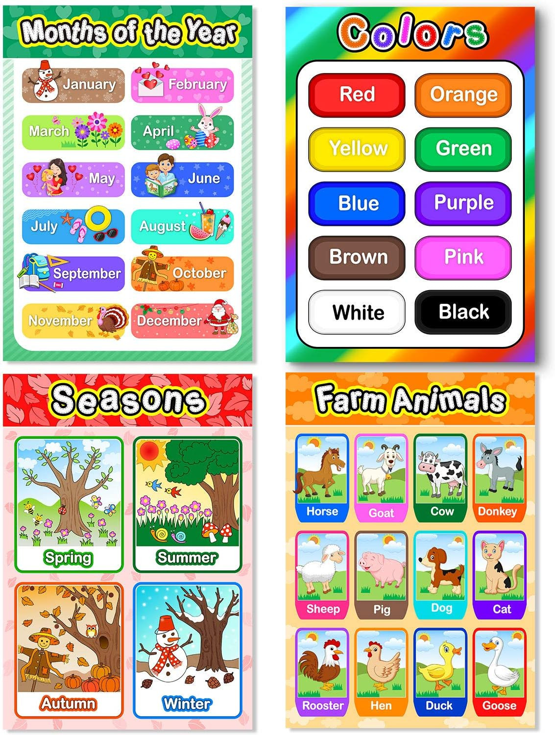 Educational Preschool Posters Set with Glue Dots, Toddler Learning, 16×11 Inch
