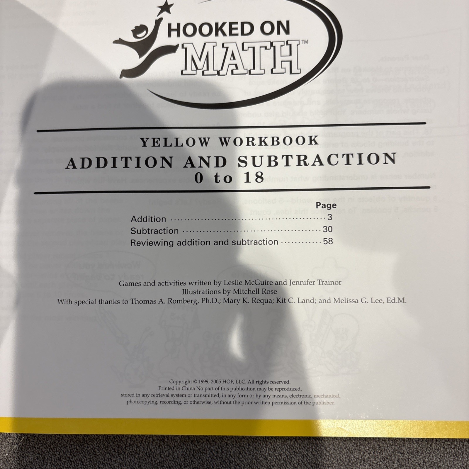 Hooked on Math Yellow Workbook Addition & Subtraction Numbers 0-18 BOOK ONLY