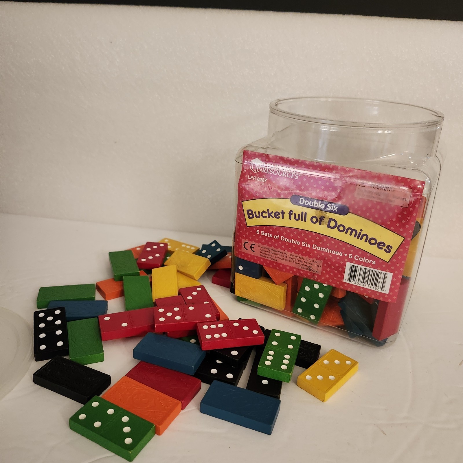 Vtg Bucket Full Of Dominoes By Learning Resources Complete 6 Sets 6 Colors