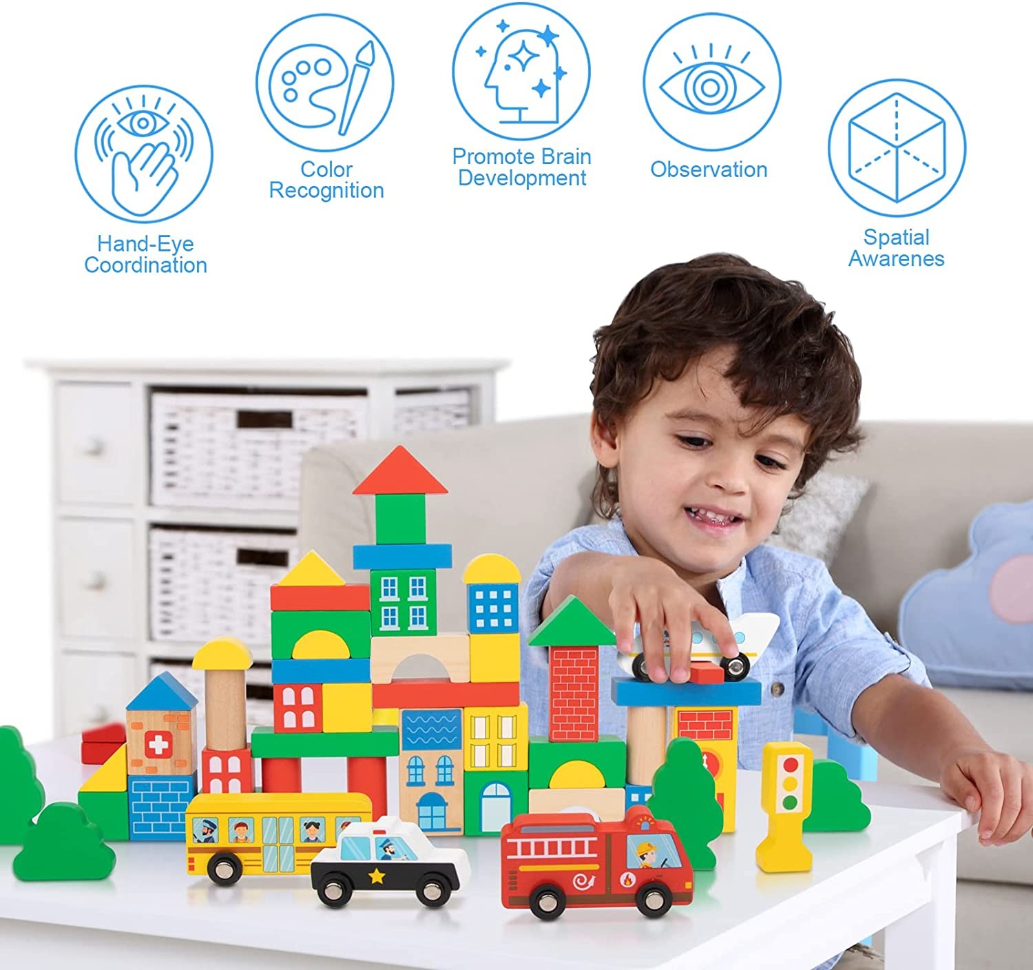 TOOKYLAND wooden building blocks -50pcs – stackable city set, 2 years +