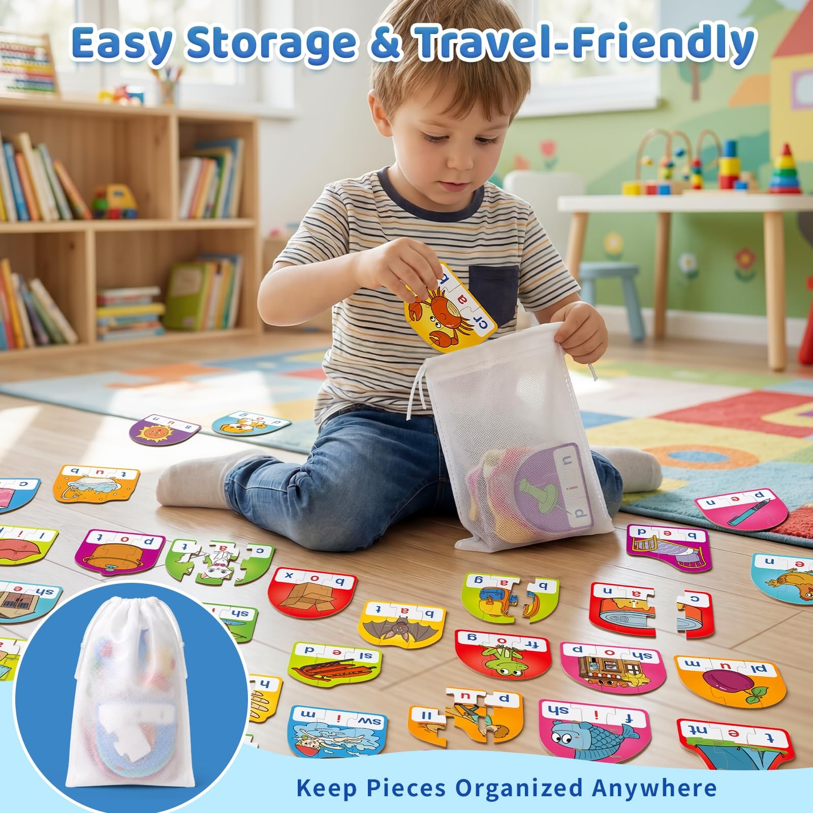 Phonics & Word Puzzle Cards for Kids 3+, 2 in 1 CVC & CVCC Reading and Spelli…
