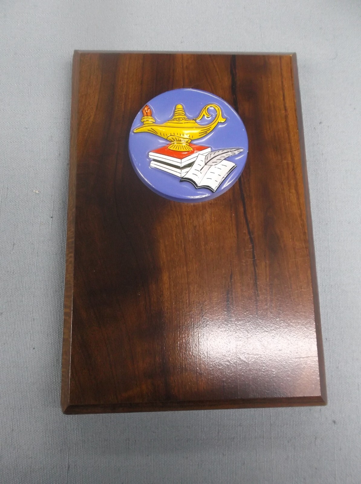 Lamp of Knowledge blue color insert 4 x 6 cherry finish plaque trophy award