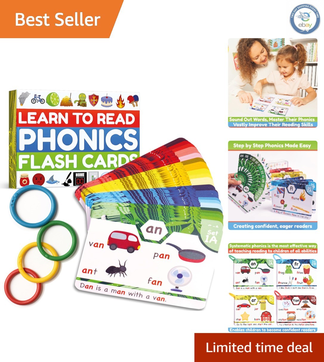 Phonics Flash Cards for Kids Ages 4-8 – 62 Fun Cards & Sorting Rings Included