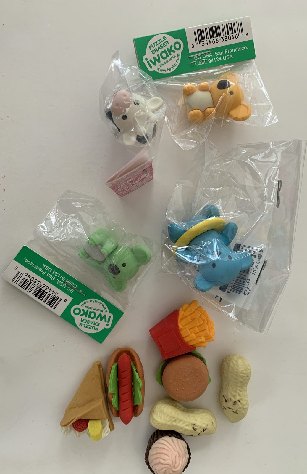 IWAKO Japanese Puzzle Erasers 4 New (3 Bears+ 1 Cow) & FREE 7 Pre-owned Food