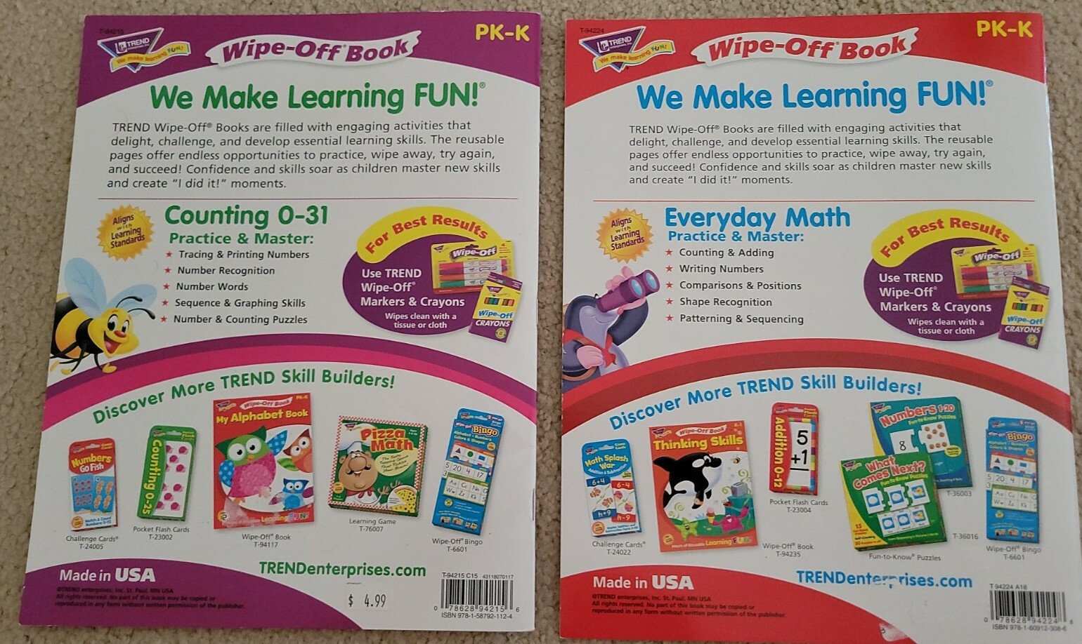 2 PK – K Learning Educational Wipe-Off Books ‘Counting 0-31’ & ‘Everyday Math’