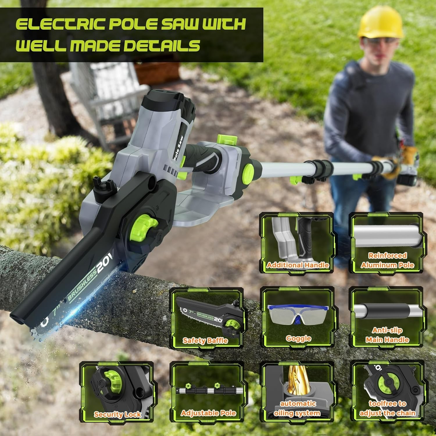2-in-1 Cordless Pole Saw (2025 Upgraded), 7 Inch Brushless Mini Chainsaw with