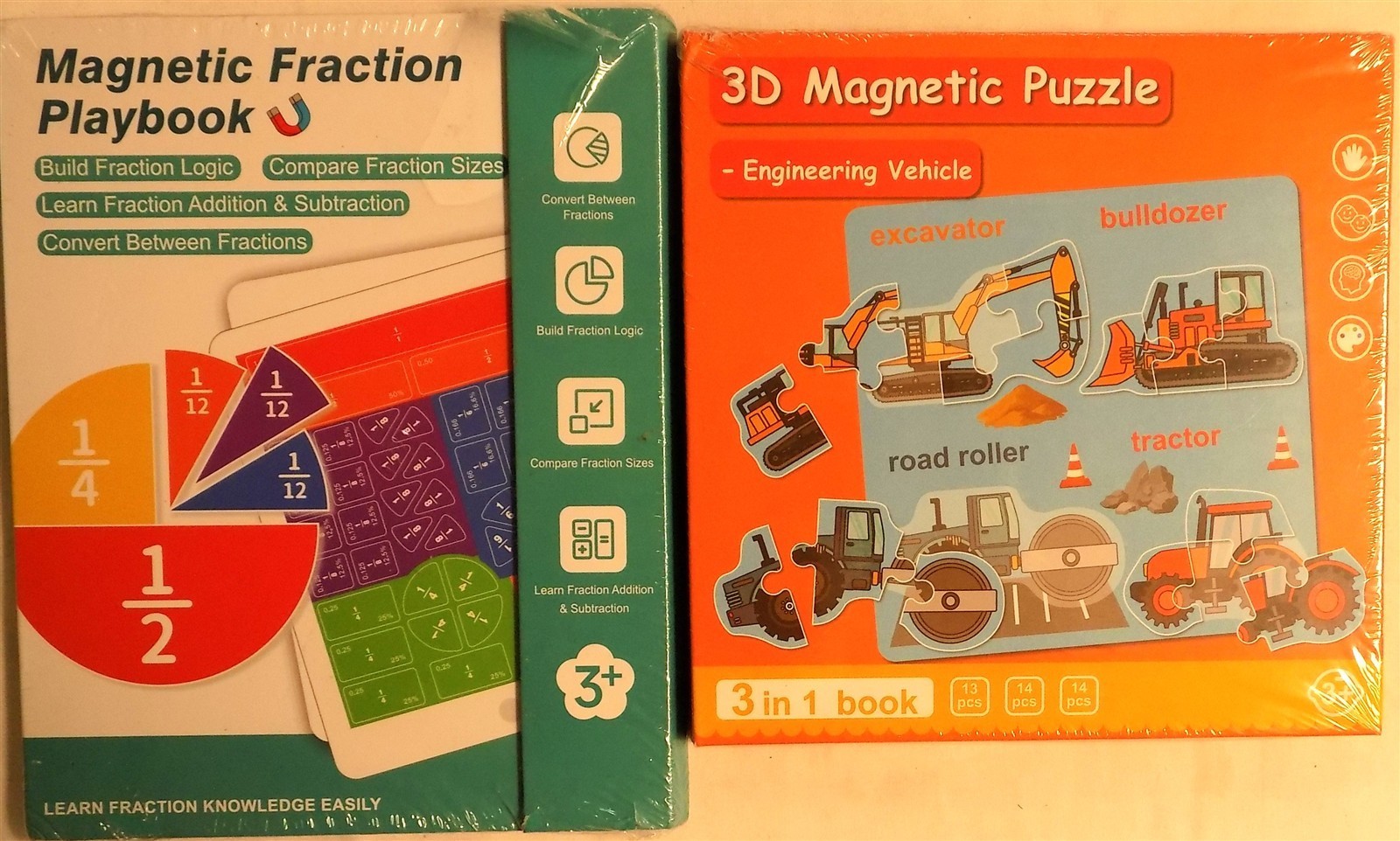 LOT OF 2 Magnetic Puzzle Magnetic Fraction Playbook & 3D Magnetic Puzzle 3 in 1