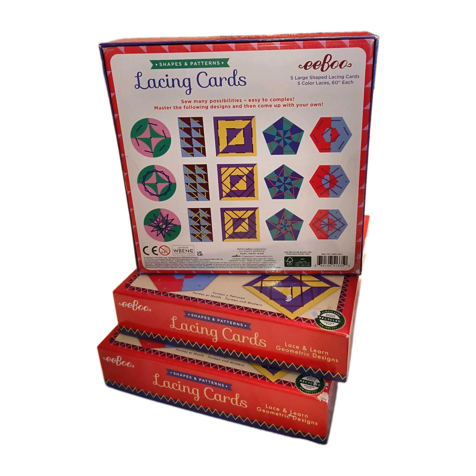 3 eeBoo Shapes & Patterns Lacing Cards Lace & Learn Geometric Designs Age 5+