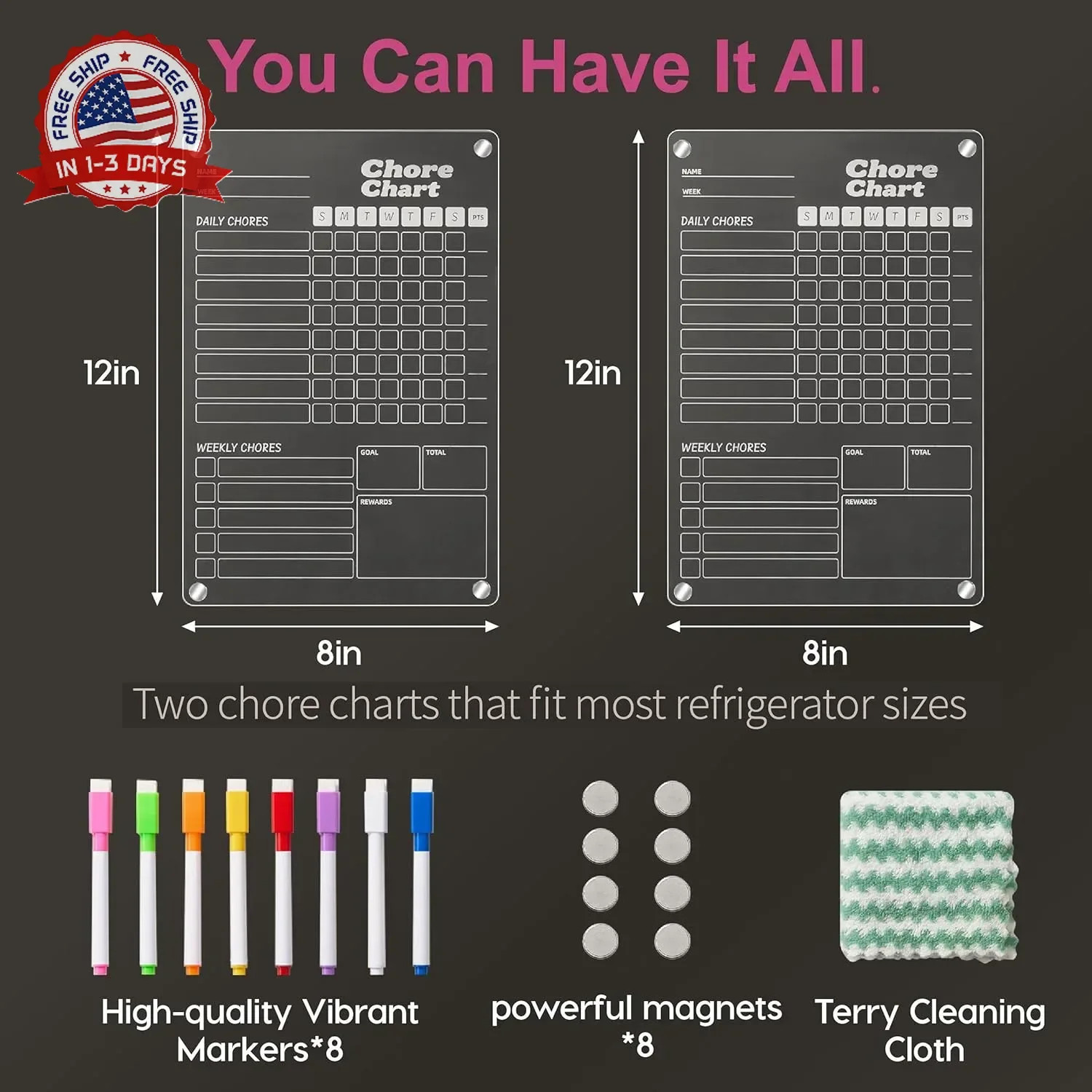 2 pcs Acrylic Magnetic Chore Chart for Kids on Fridge, Chore Board, Dry Erase Ch