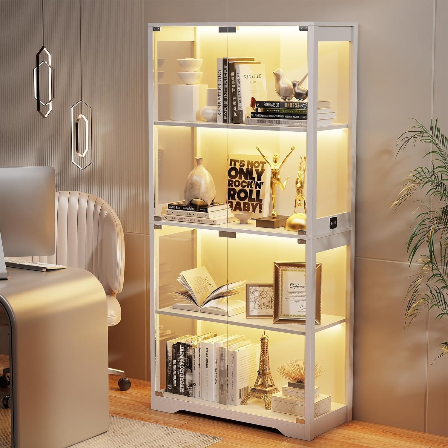 Display Cabinet with Glass Doors, 4-Tier Curio Cabinet with 3 Color Lights for