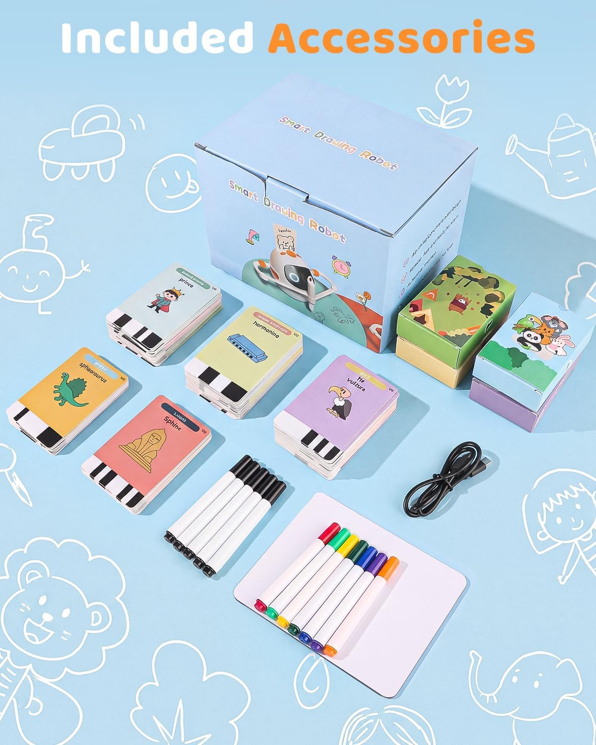 Drawing Robot for Kids 3-8 Rechargeable Interactive Montessori 200+ Cards 12 Pen