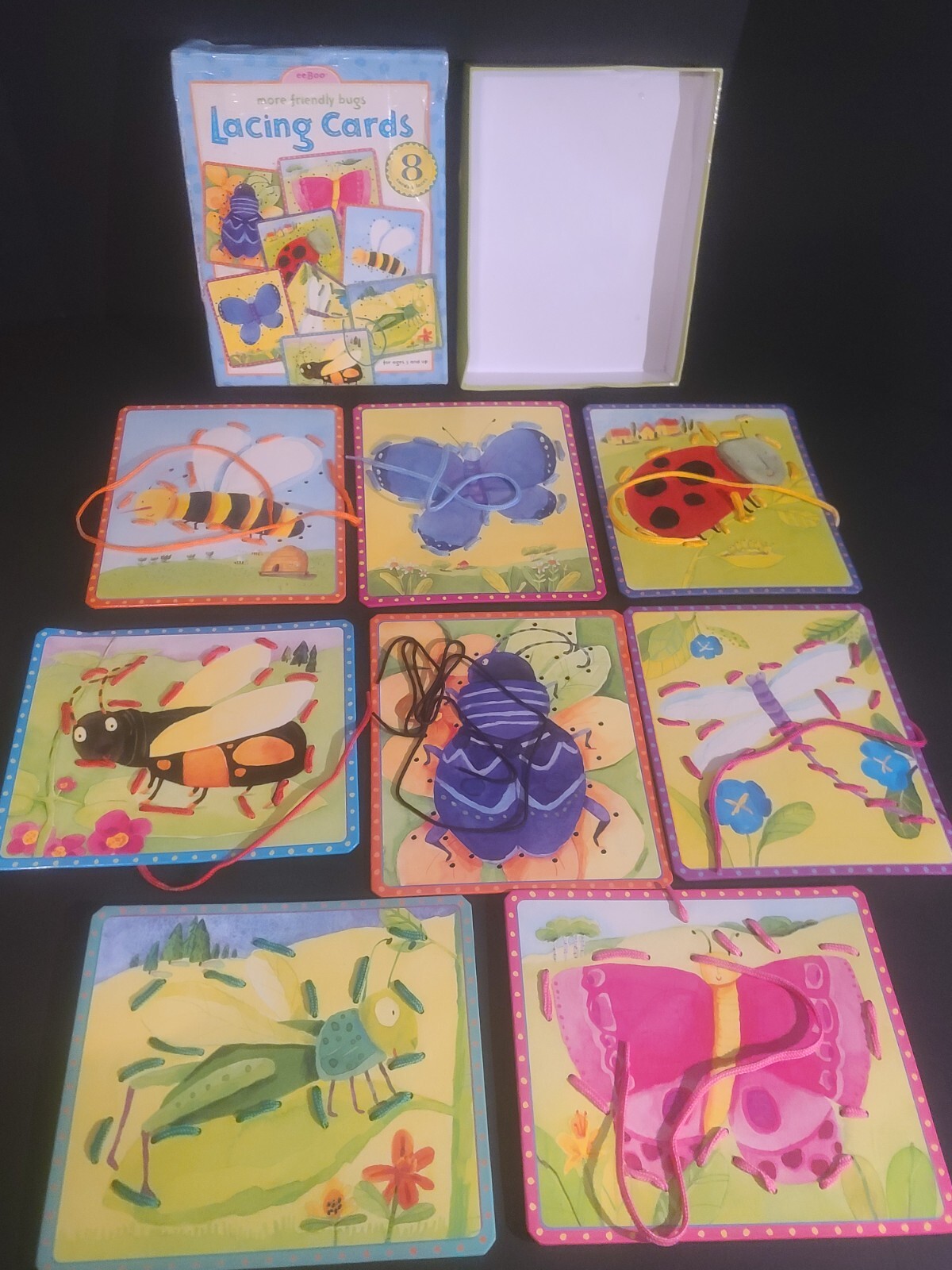(SET OF 8) eeBoo Friendly Bugs Lacing Sewing Card Set (DAMAGED BOX)