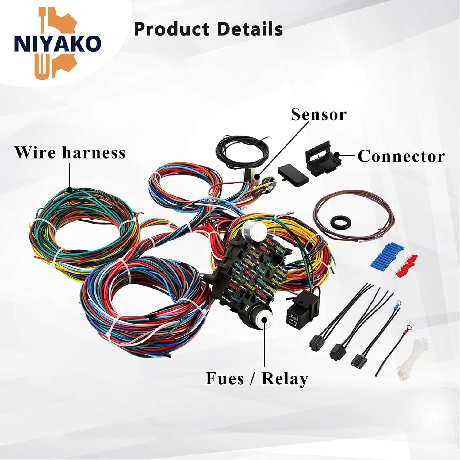 Universal 21 Circuit Wiring Harness Kit, Extra Long Wire Standard Color 17 Fuses
