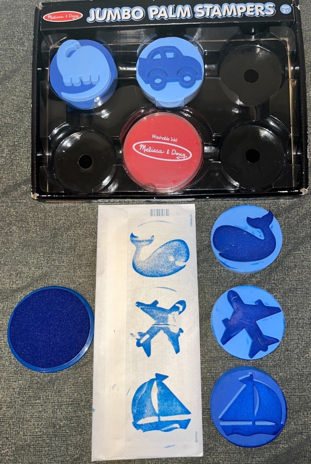 Melissa & Doug Jumbo Palm Stampers – Blue/Red Whale Car Plane Sailboat Dinosaur