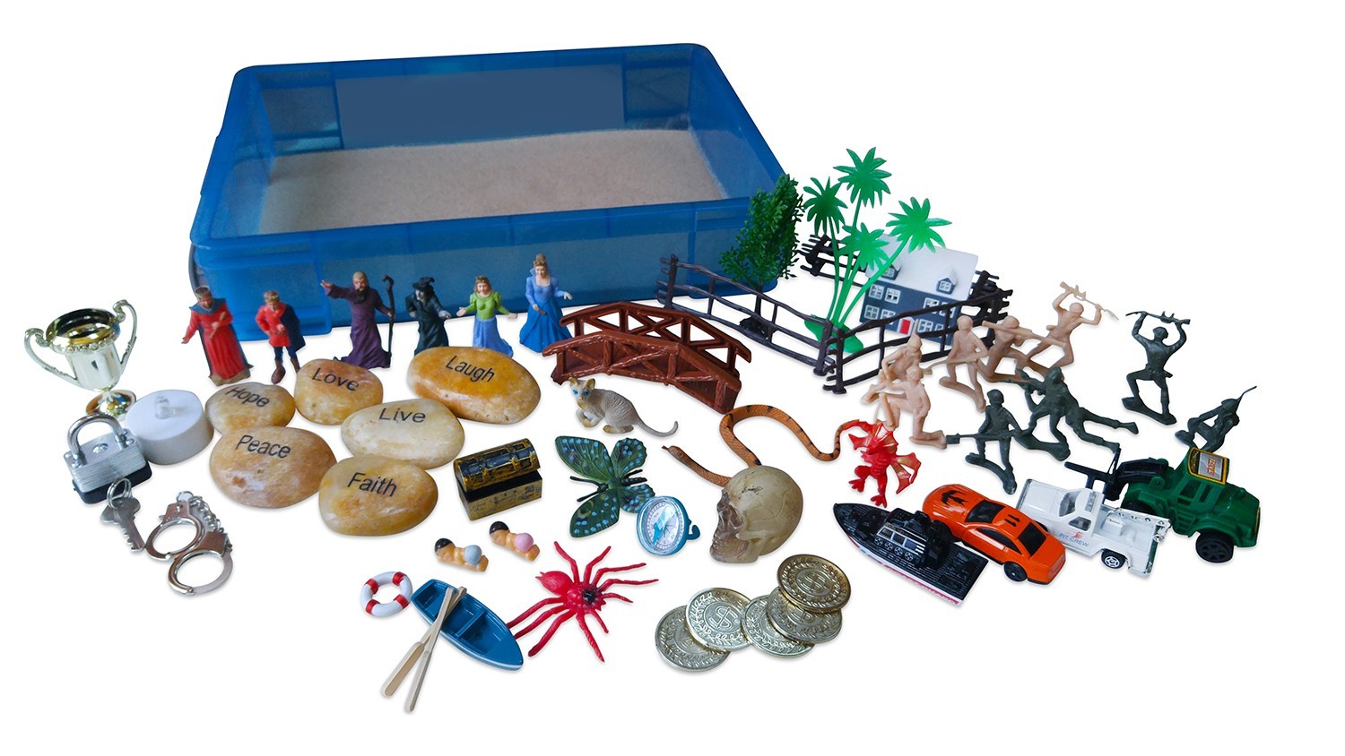 Sandtray therapy set, high quality sandtray, sand and deluxe set of miniatures