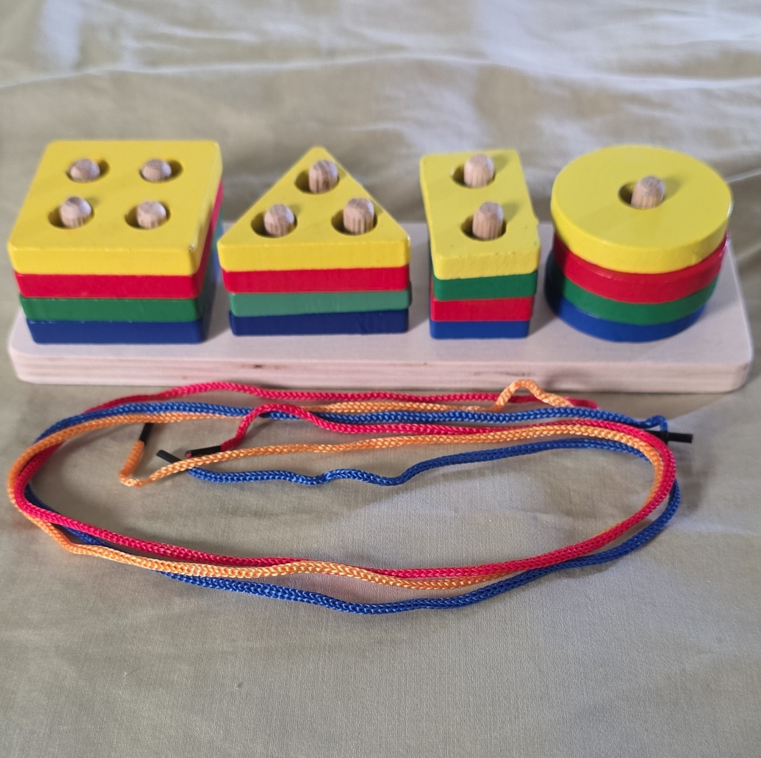 Wooden Shape Stacking & Lacing Toy Set, Multicolor Shapes/Colors, Cords 3