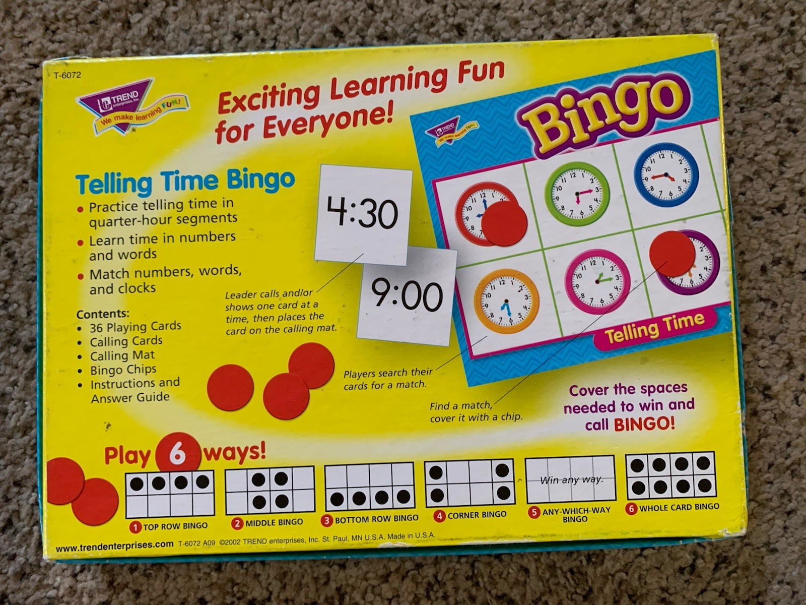 Classroom Bingo Games-Telling Time & Money-Ages 5 & Up-Up to 36 players VGC