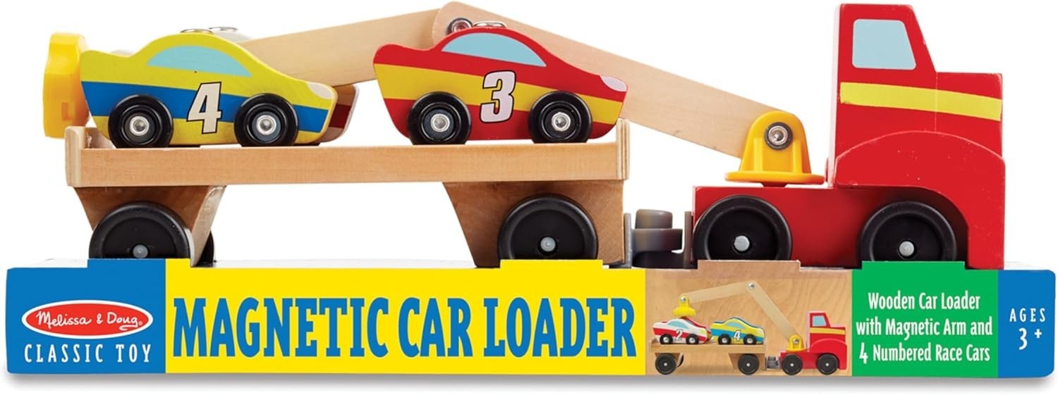 Melissa & Doug Magnetic Car Loader Wooden Toy Set Semi Crane with 4 Cars