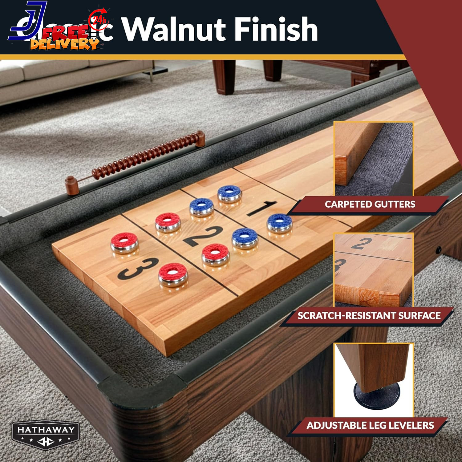 Challenger Shuffleboard Table for Family Arcade Game Room with Poly Coated Playf