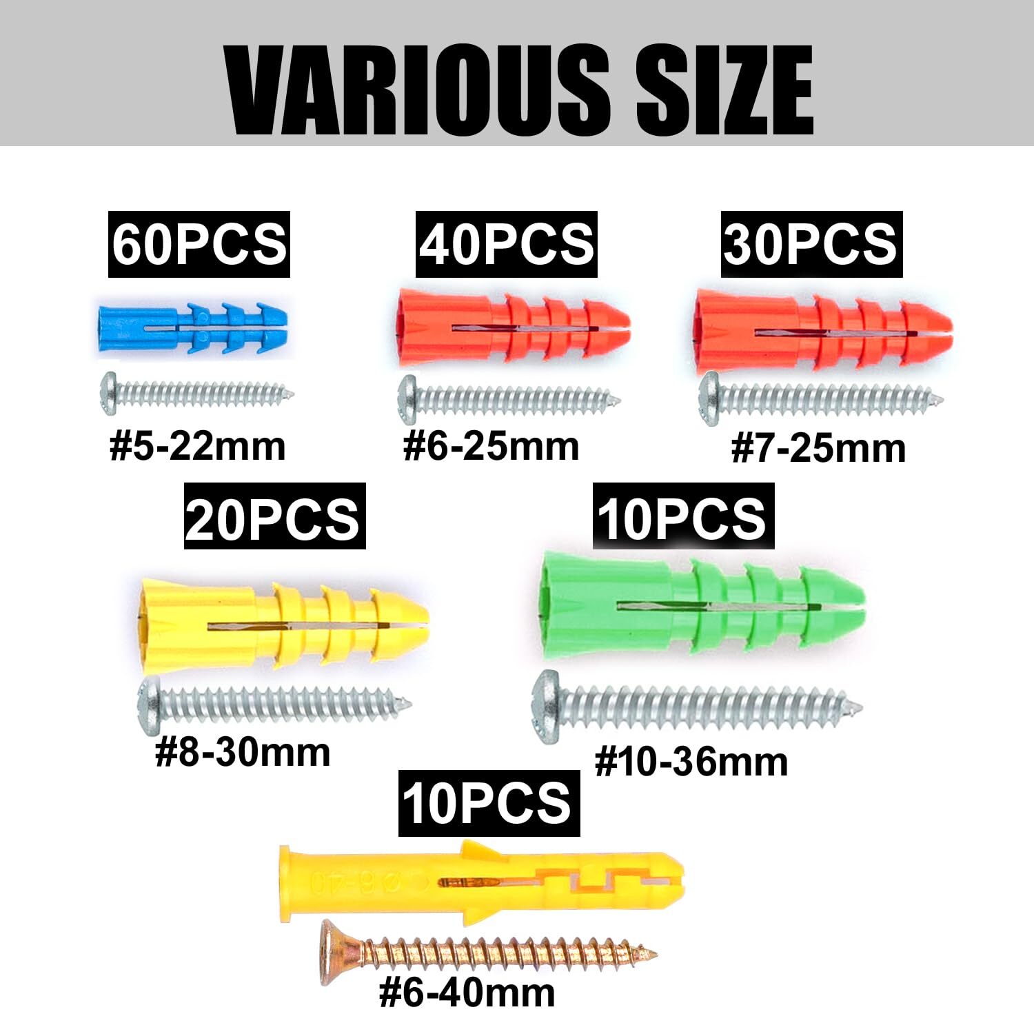 340-Piece Drywall Anchors & Screws – 170 Plastic Wall Anchors, 170 Screws –
