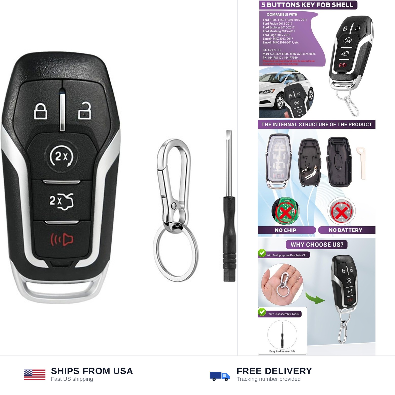 Key Fob Case for Ford F150 F250 F350 Mustang Explorer Edge Fusion Lincoln MKZ…