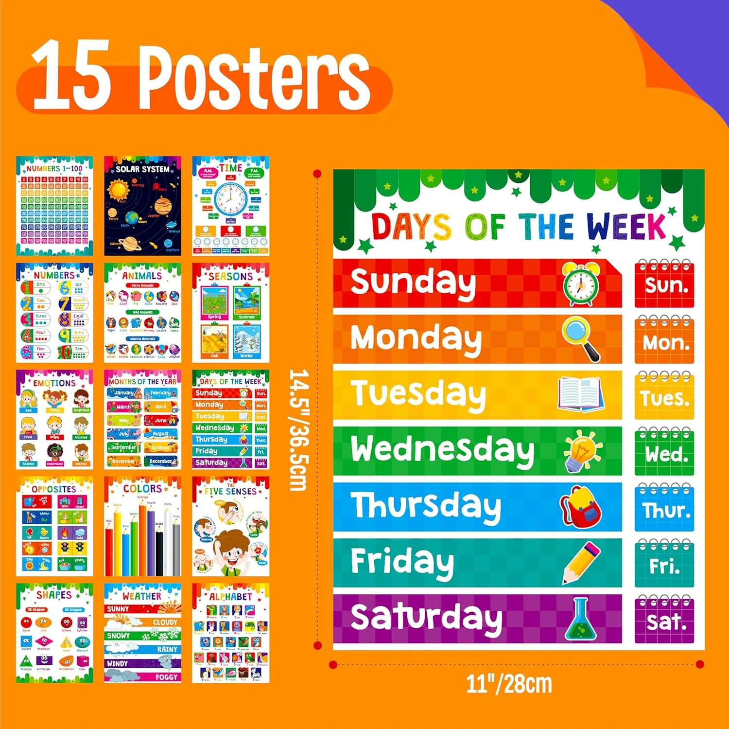 15 Packs Educational Poster, Thick Early Learning Posters Waterproof & Tear Proo