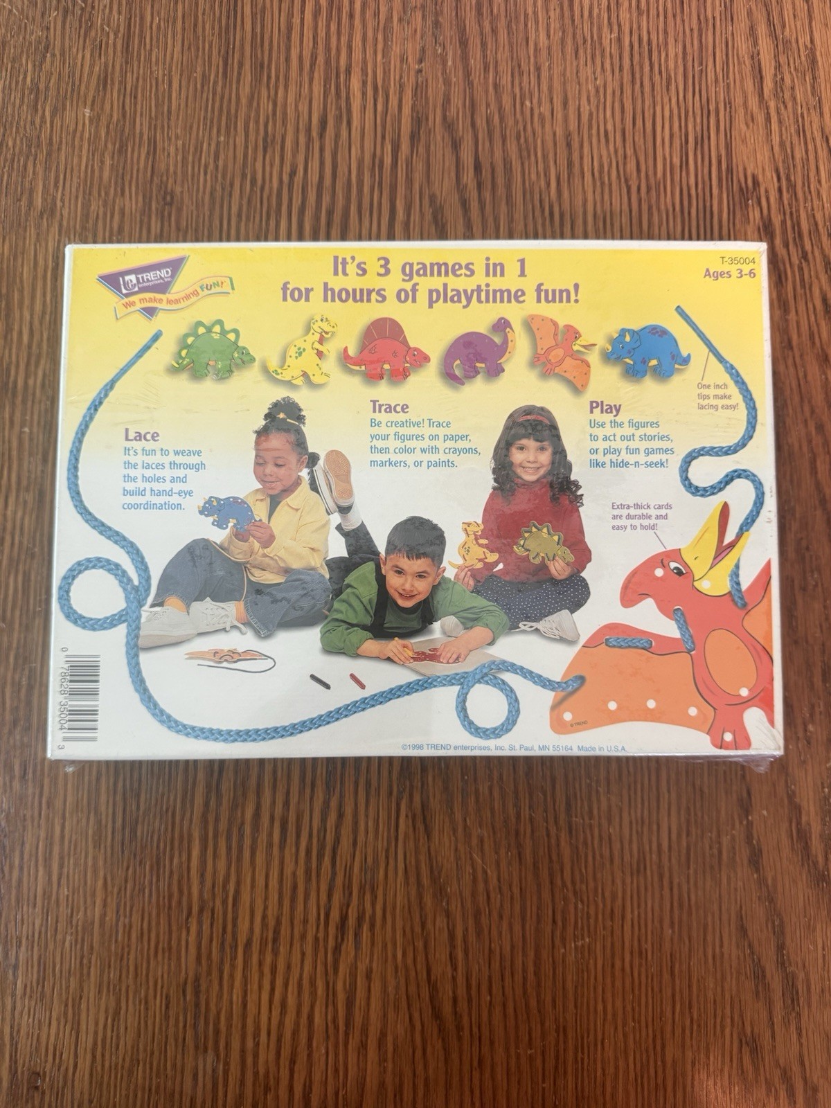 Prehistoric Pals Lace Trace n Play Dinosaurs 6 Lacing Cards Sewing 1998 NEW Toys