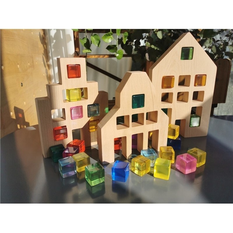 Dutch wooden houses with acrylic cubes, sensory toy set