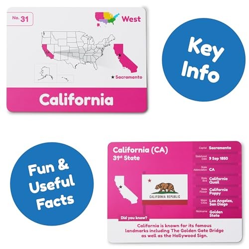 U.S. States Flash Cards for Kids | 50 State Geography Cards with Capitals,