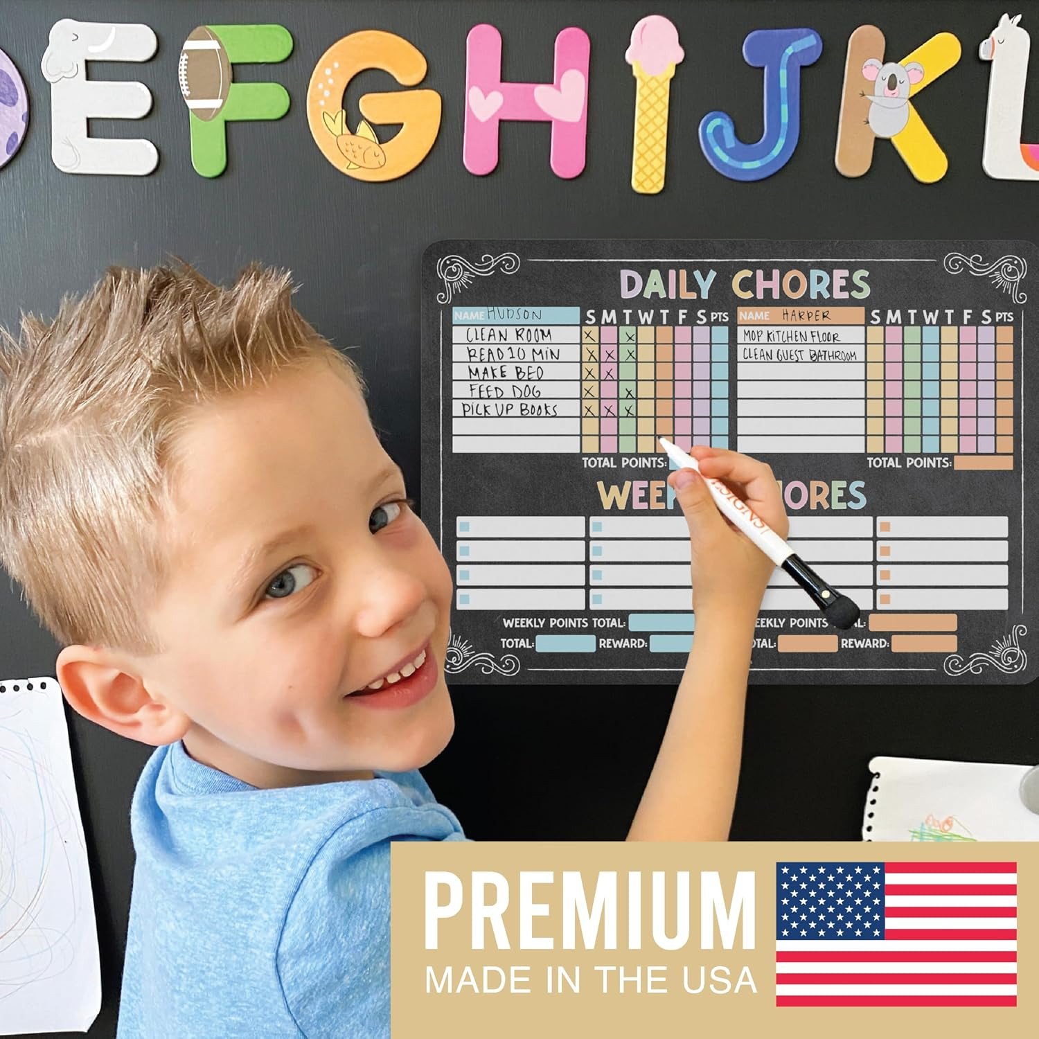 Magnetic Chore Chart for 2 Kids Dry Erase Refrigerator Weekly Planner