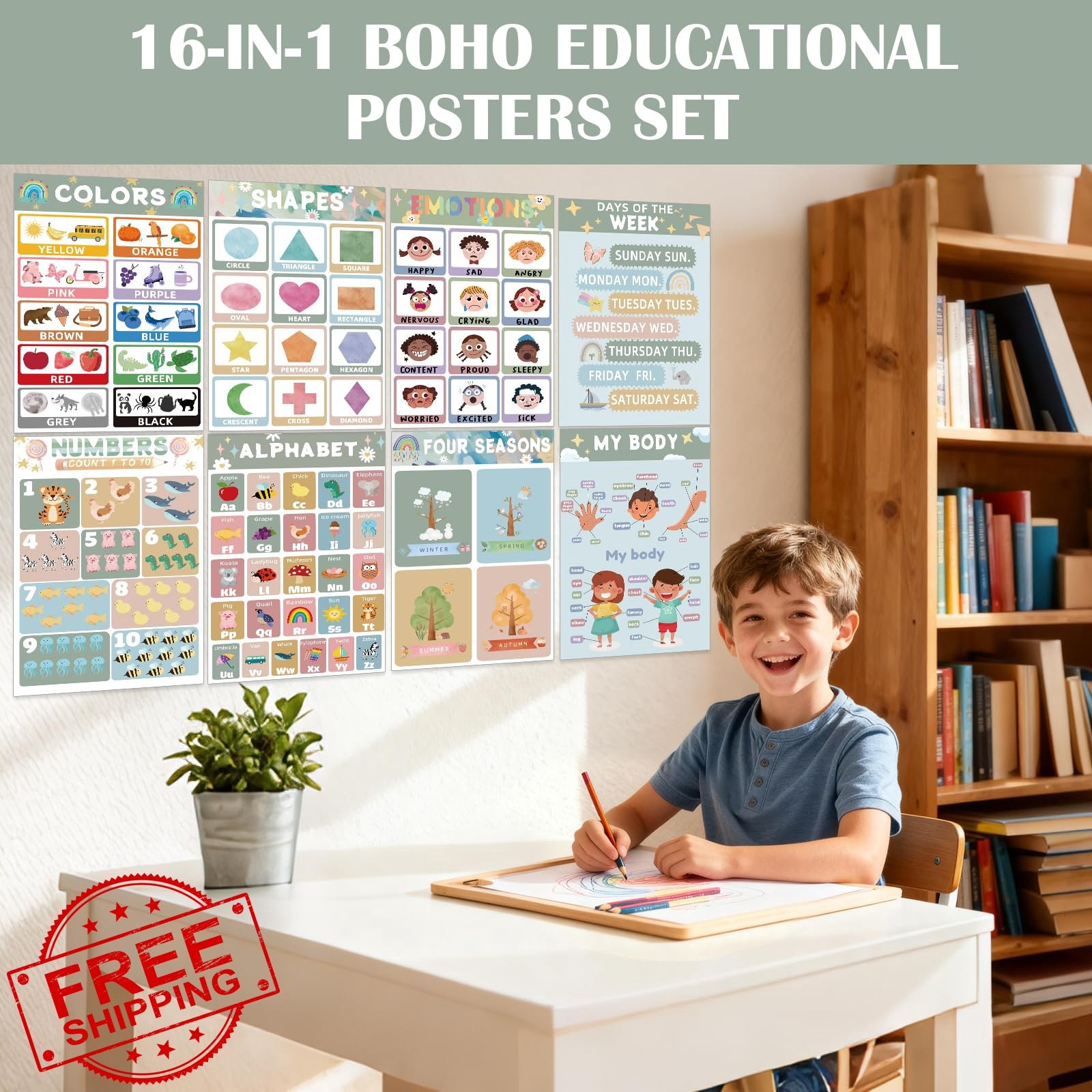 16 Preschool Educational Posters, Laminated, Morandi B, Learning Charts