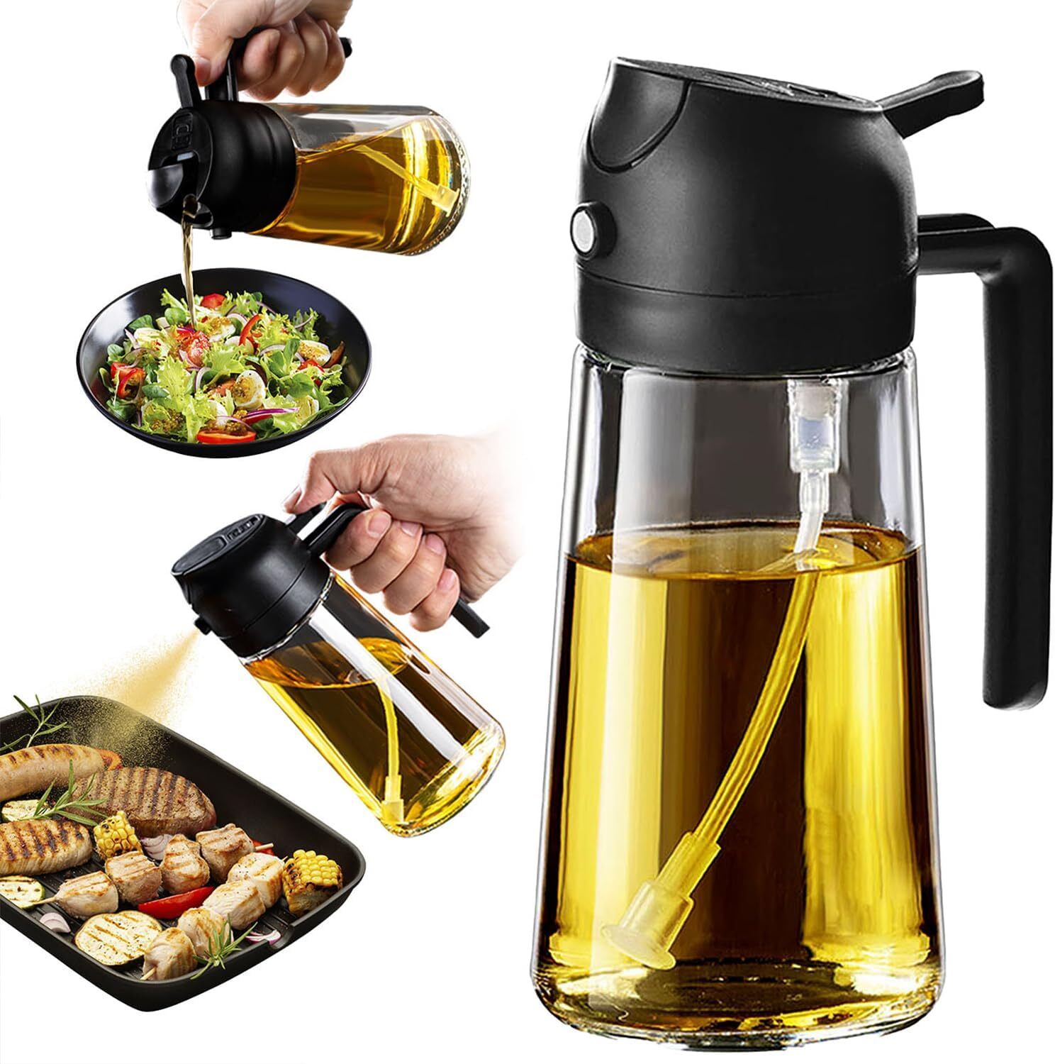 16oz/470ml Glass Olive Oil Sprayer for Cooking,2 in 1 Olive Oil Dispenser,Black