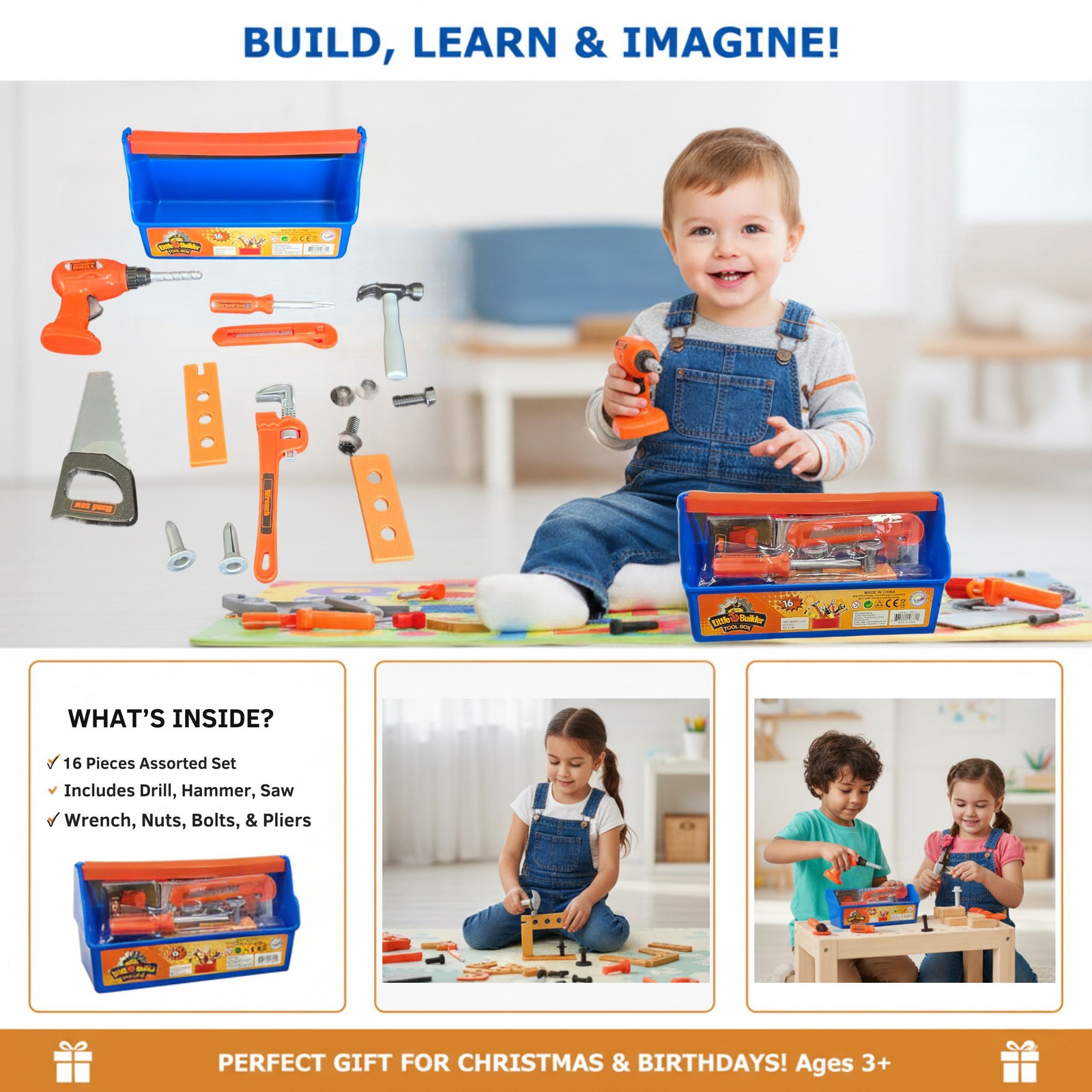 Deluxe 16-Piece Construction Tool Assorted Set Complete Workshop for Kids