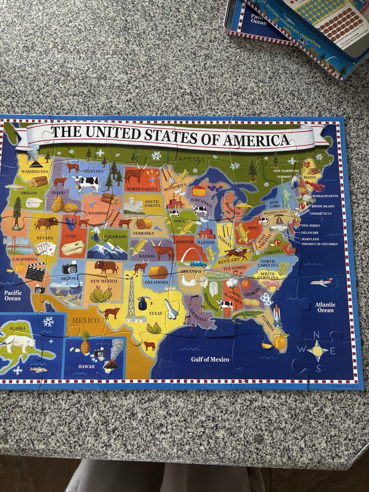 USA United States America Memory Game Wall Map Large Puzzel Stickers Storage Tin