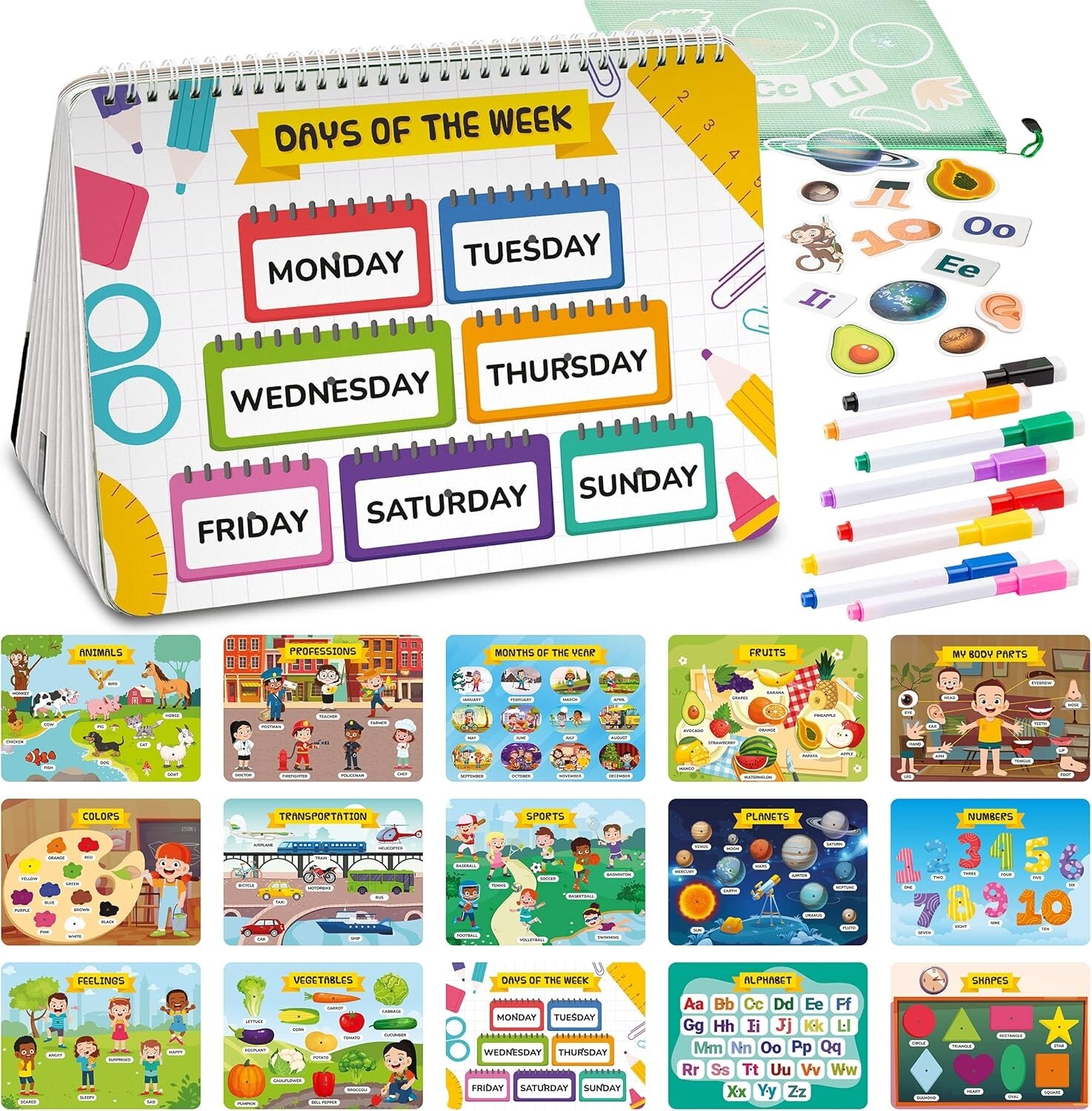 Preschool Busy Book for Toddlers 1-3-4 with 8 Colorful Markers – 30 Page Montess