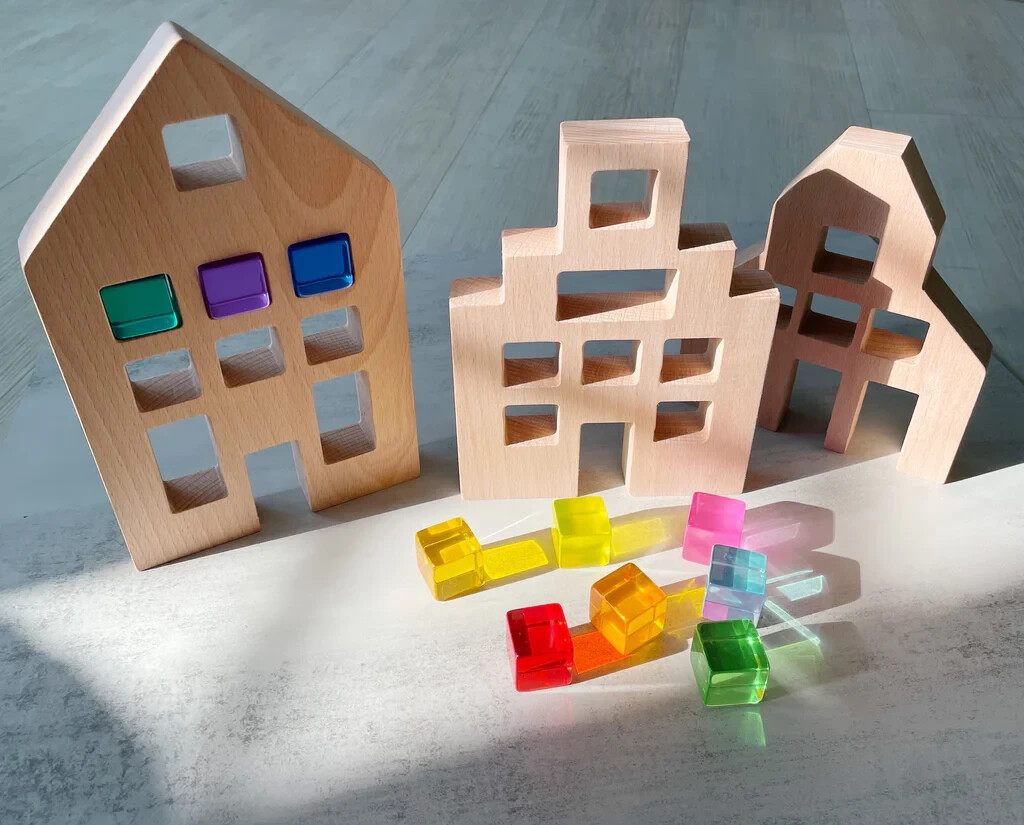 Dutch wooden houses with acrylic cubes, sensory toy set