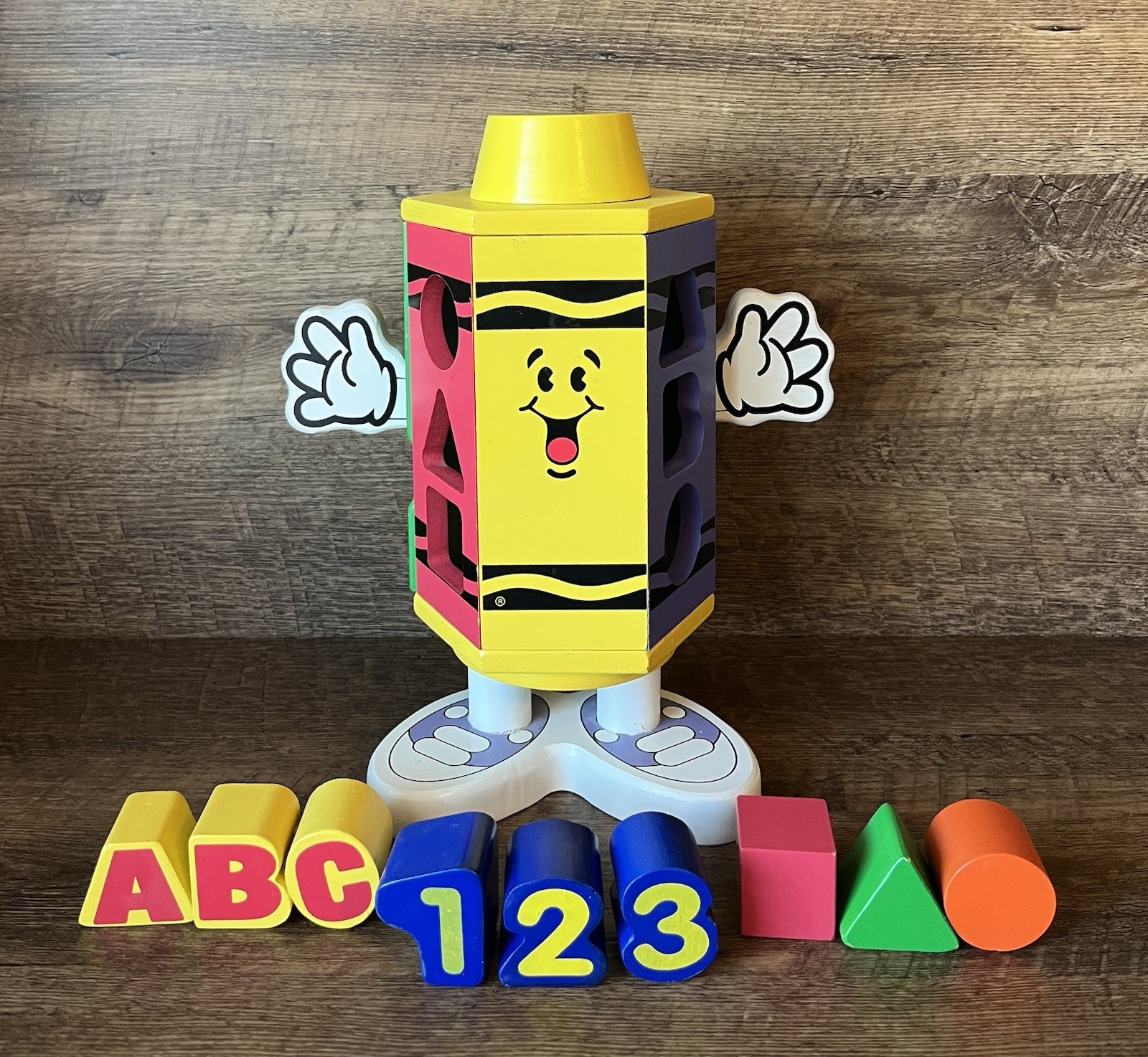 Crayola Learning Tower ABCs 123s Shapes Sorter Toy Colorful Wooden Pieces RARE