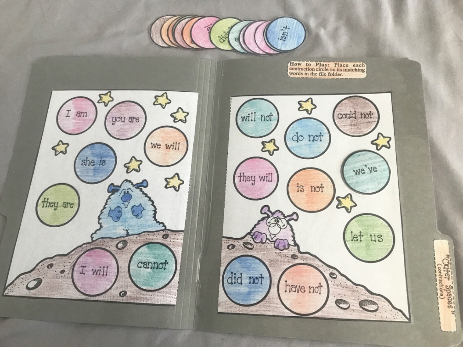 Outer Space! Contractions Grade 1-4 language arts file folder game
