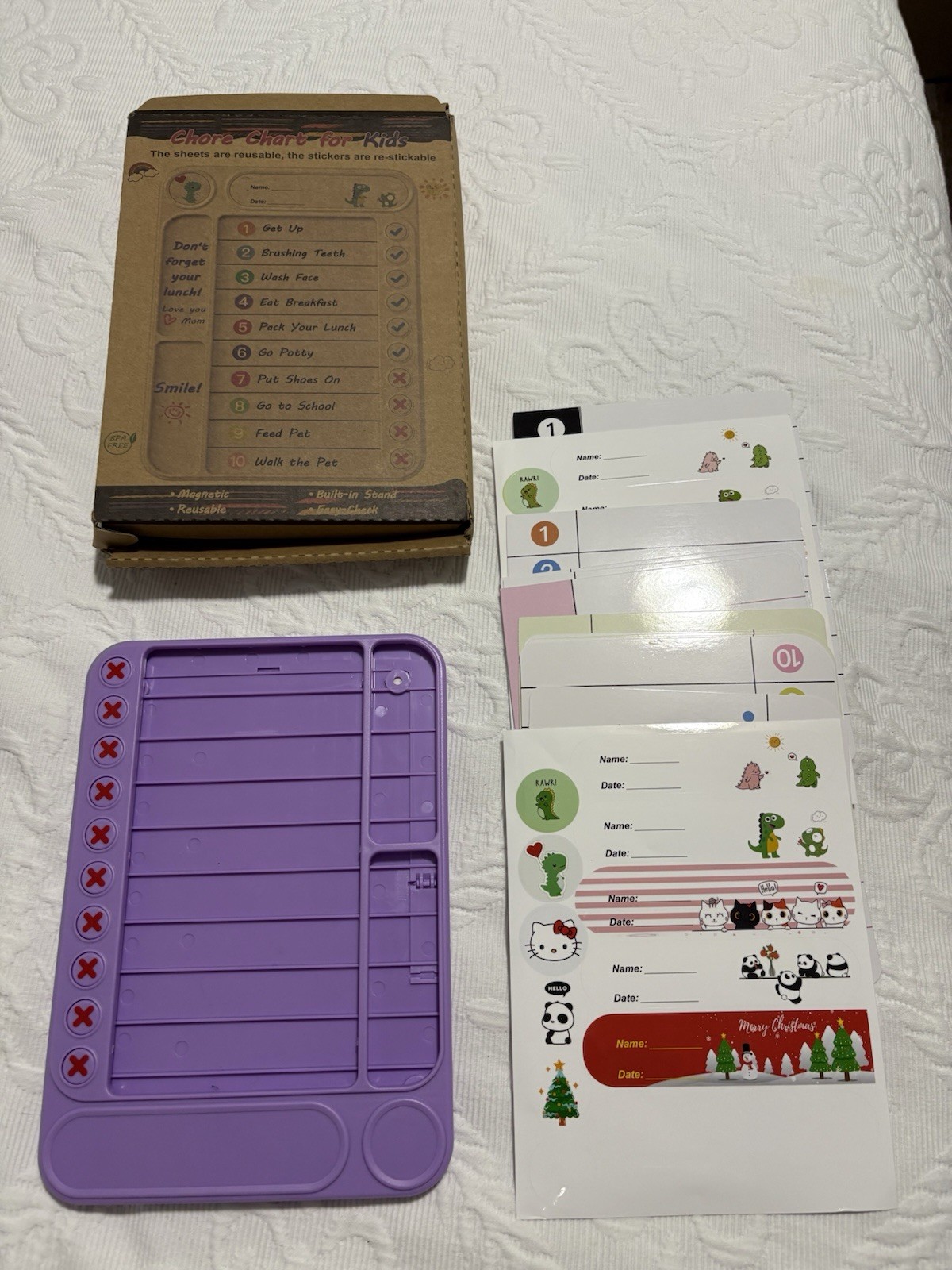 Magnetic Kids Chore Chart with Stickers, Illustrated Cards, Purple, 5-7 Years